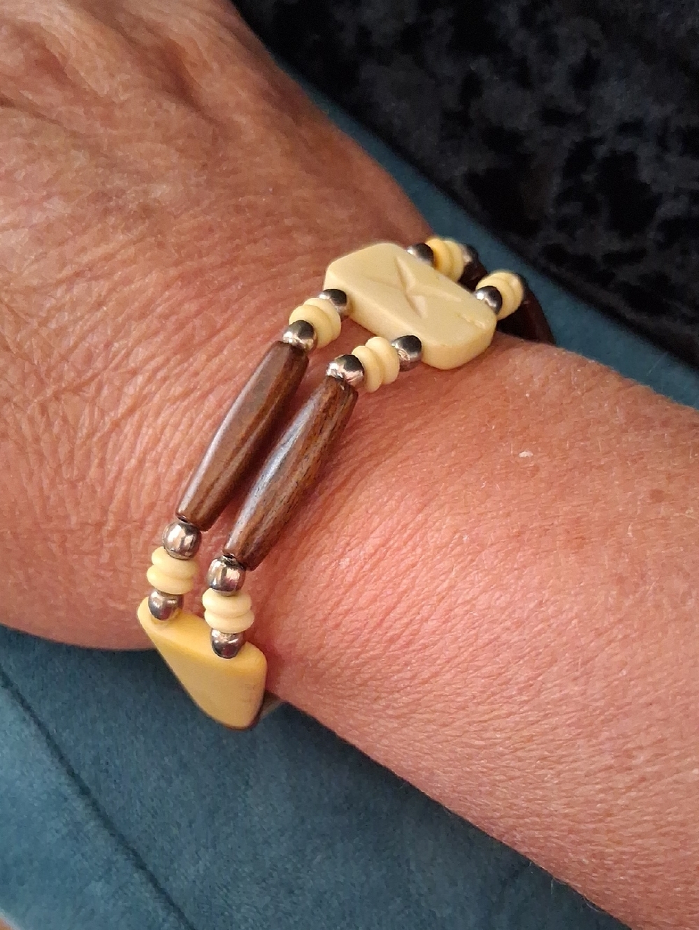 Vintage Handcrafted Bone and Wood Beaded Bracelet